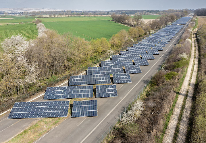 RWE Power Solar-Highway installed on former National Highway A4 near Hambach surface mine. Ellen, North Rhine-Westphalia, Germany 2021
