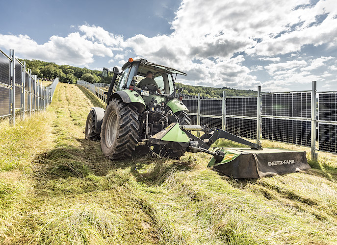 Agri-Photovoltaik im Bifacialen Solarkraftwerk von Next2Sun Eppelborn Dirmingen. Saarland, Deutschland 2021