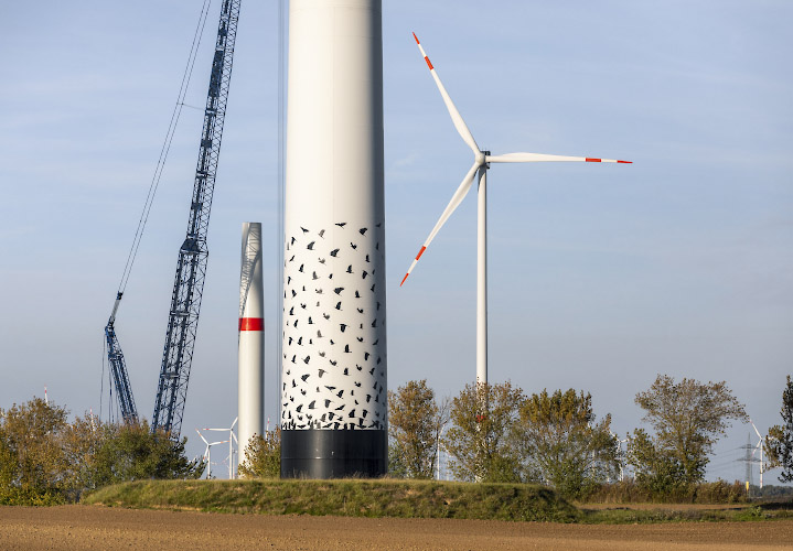 Kunst mit Vogelschwarm am Turm Vestas Windenergieanlage. Wollenthin 2022