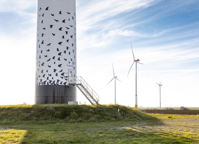 Kunst mit Vogelschwarm am Turm Vestas Windenergieanlage. Wollenthin 2022