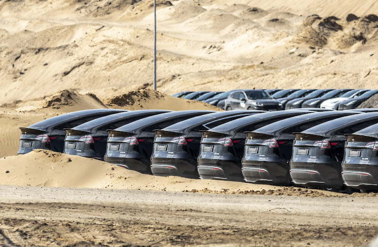 Tesla Gigafactory 4, brand new Y models waiting to be exported. Berlin Gruenheide 2022