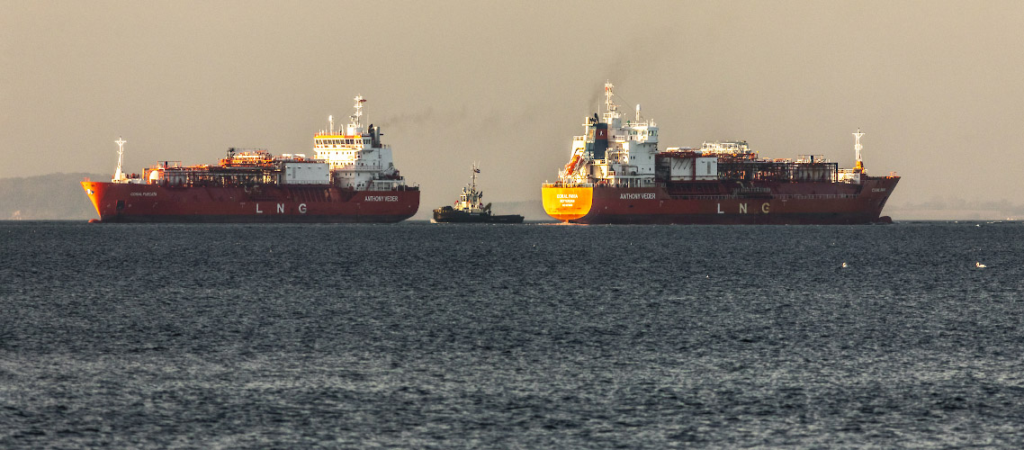 Floating LNG Terminal Neptune: Shuttle Tanker Coral Favia and Furcata at Greifswal Bay. Germany 2023
