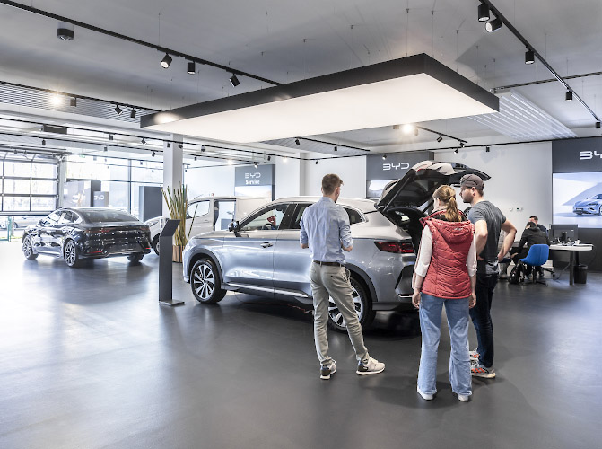 BYD Auto Company Limited. Build Your Dreams at latest Store including fancy Showroom in Berlin Spandau. Germany 2024