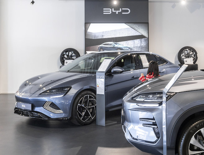 BYD Auto Company Limited. Build Your Dreams at latest Store including fancy Showroom in Berlin Spandau. Germany 2024