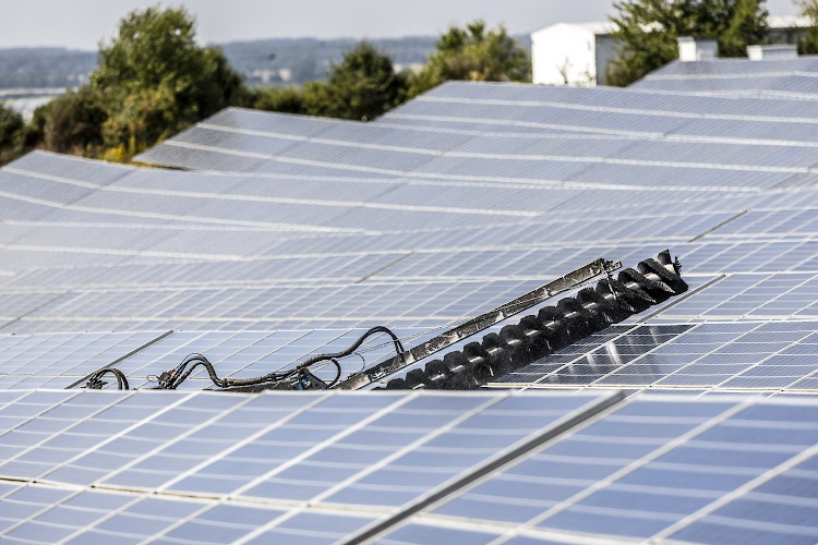 Routine-Reinigung der Solarmodule in Enerparc Solarpark durch modifiziertes Fahrzeug mit Waschbürste. Trollenhagen, Deutschland Sommer 2024